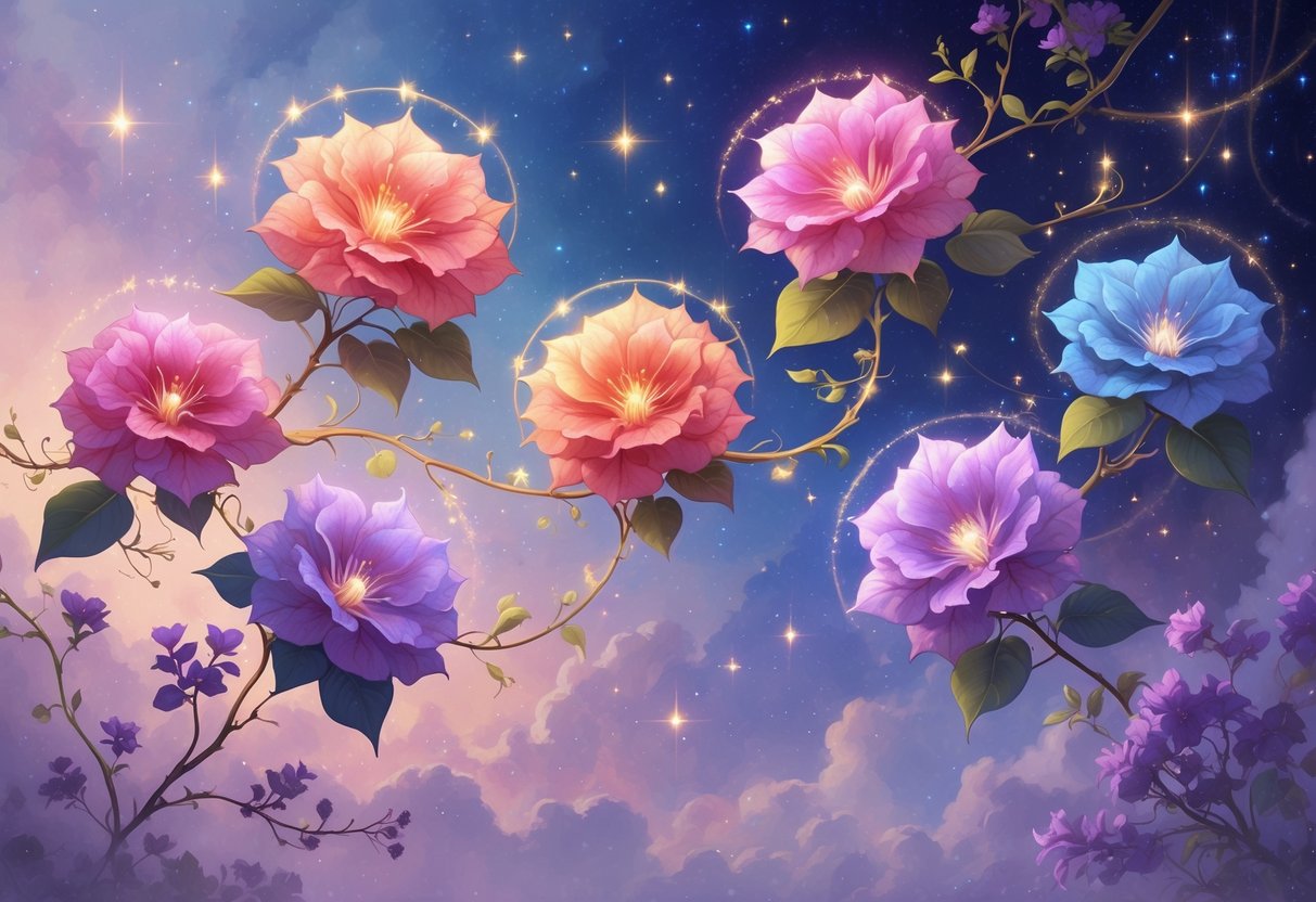 A cluster of eight glowing bougainvillea flowers intertwined with glowing vines against a twilight sky filled with stars and soft pastel colors.