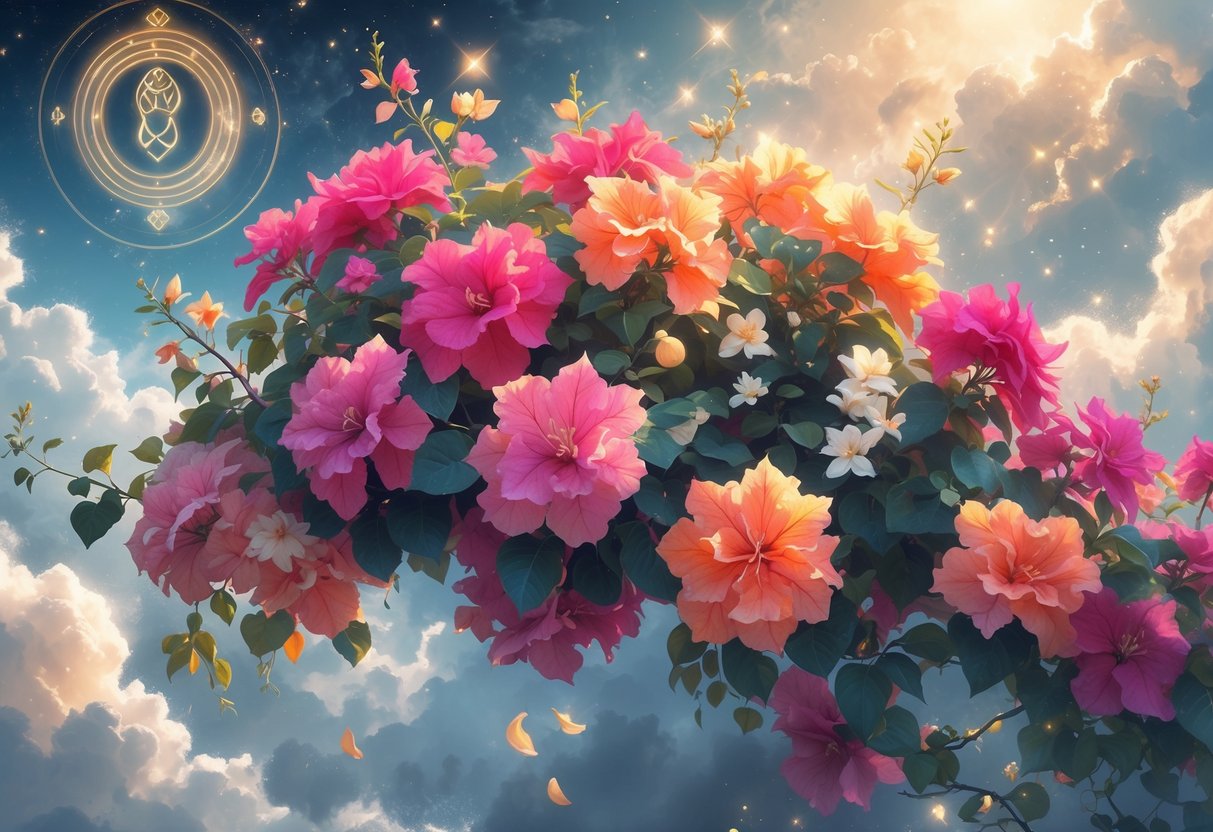 A glowing bougainvillea vine with colorful flowers floating in a magical garden among clouds and stars.