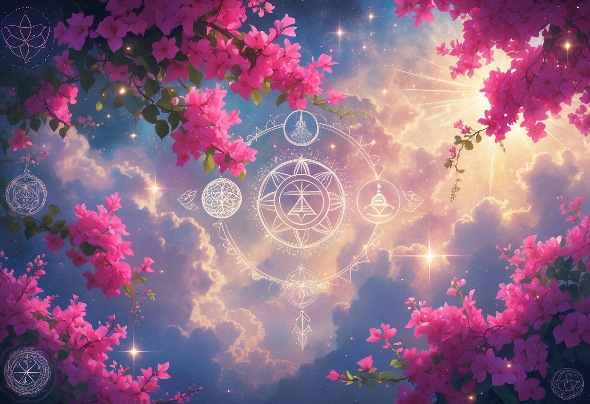 A glowing bougainvillea flower surrounded by spiritual symbols from various cultures under a starry sky.