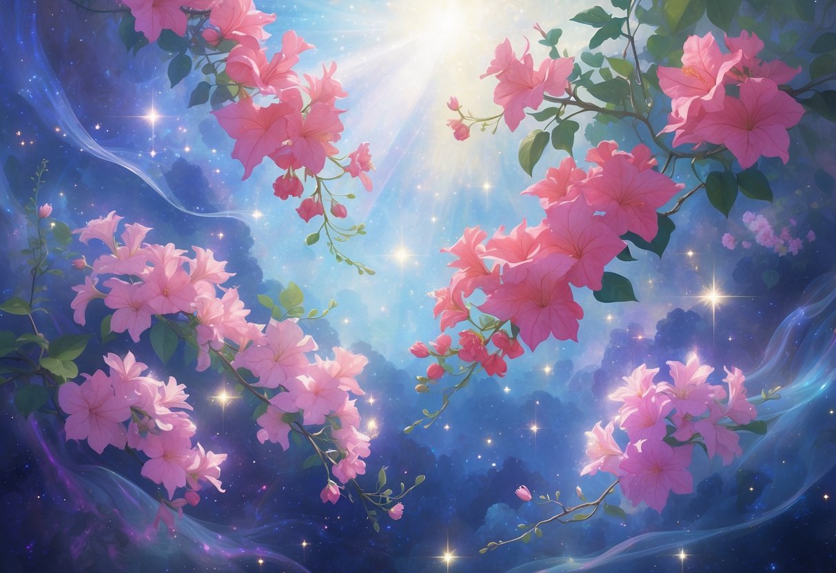 Eight glowing bougainvillea flowers floating in a magical, starry landscape surrounded by soft light and mist.