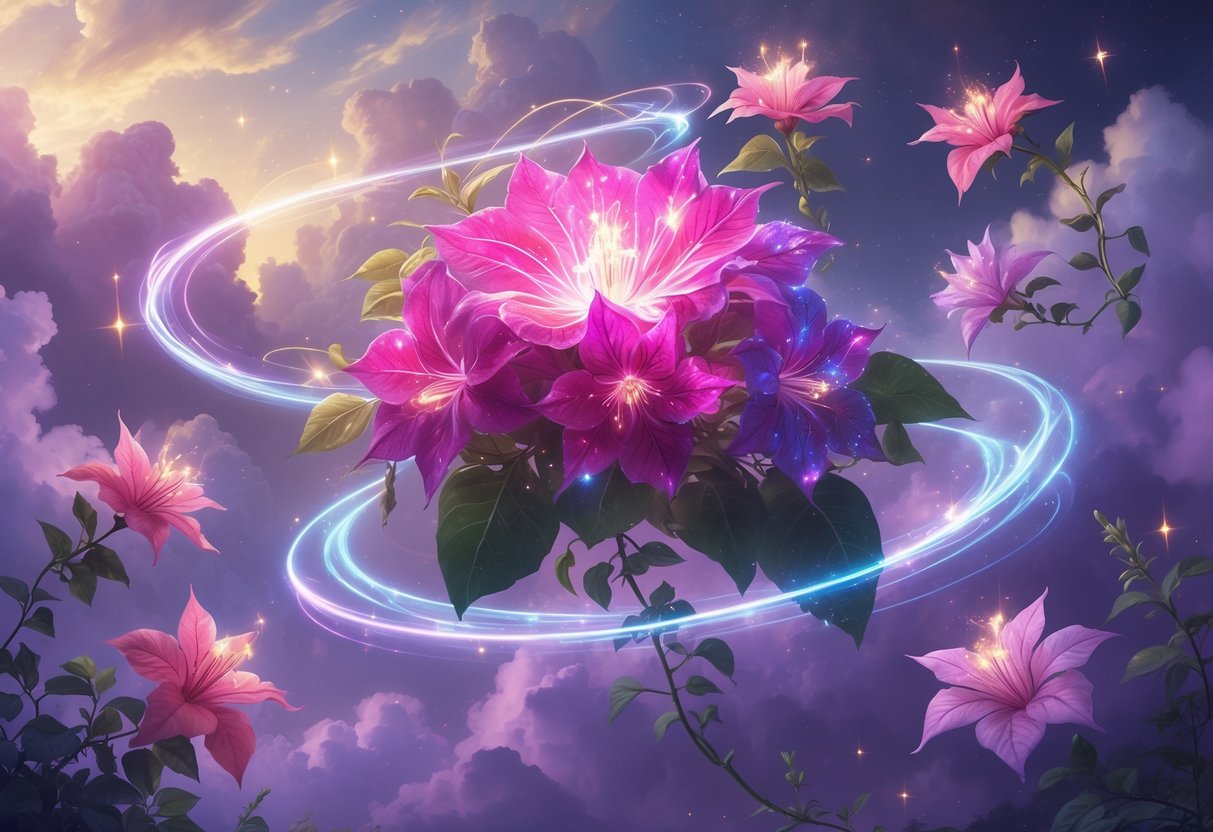 A glowing bougainvillea flower surrounded by eight smaller blossoms emitting soft magical light in a floating celestial garden with clouds and stars.