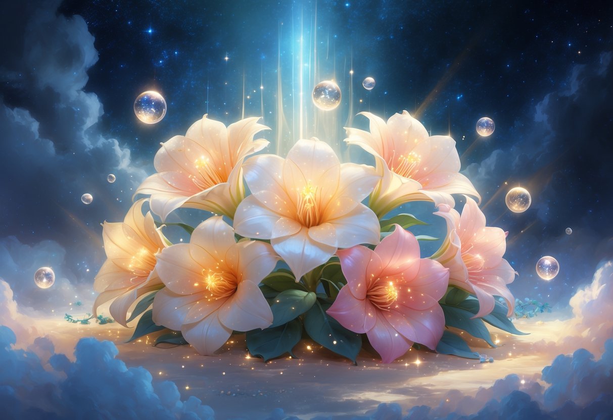 Six glowing Bouvardia flowers floating against a starry night sky with soft light and mystical orbs surrounding them.