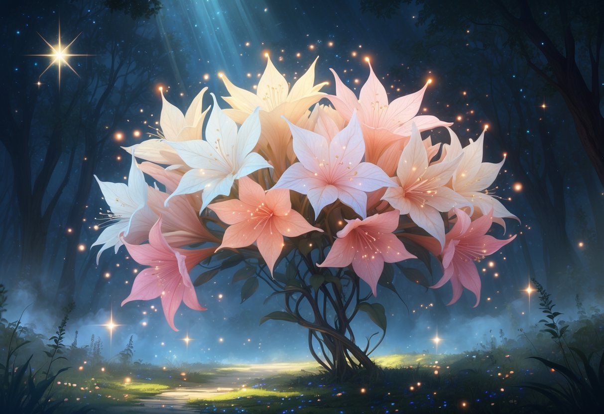 A glowing cluster of Bouvardia flowers floating above a misty forest floor under a starry night sky.