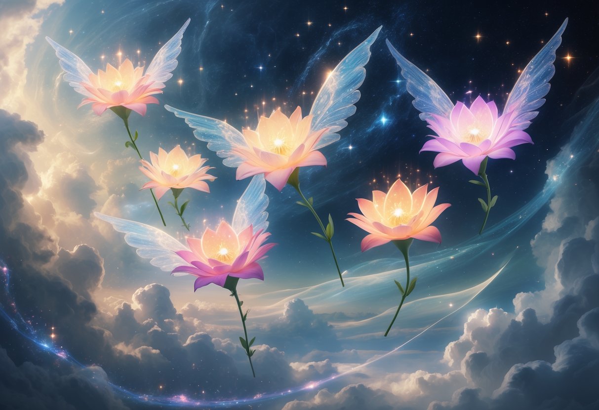 Six glowing Bouvardia flowers floating in a cosmic space surrounded by stardust and soft light.