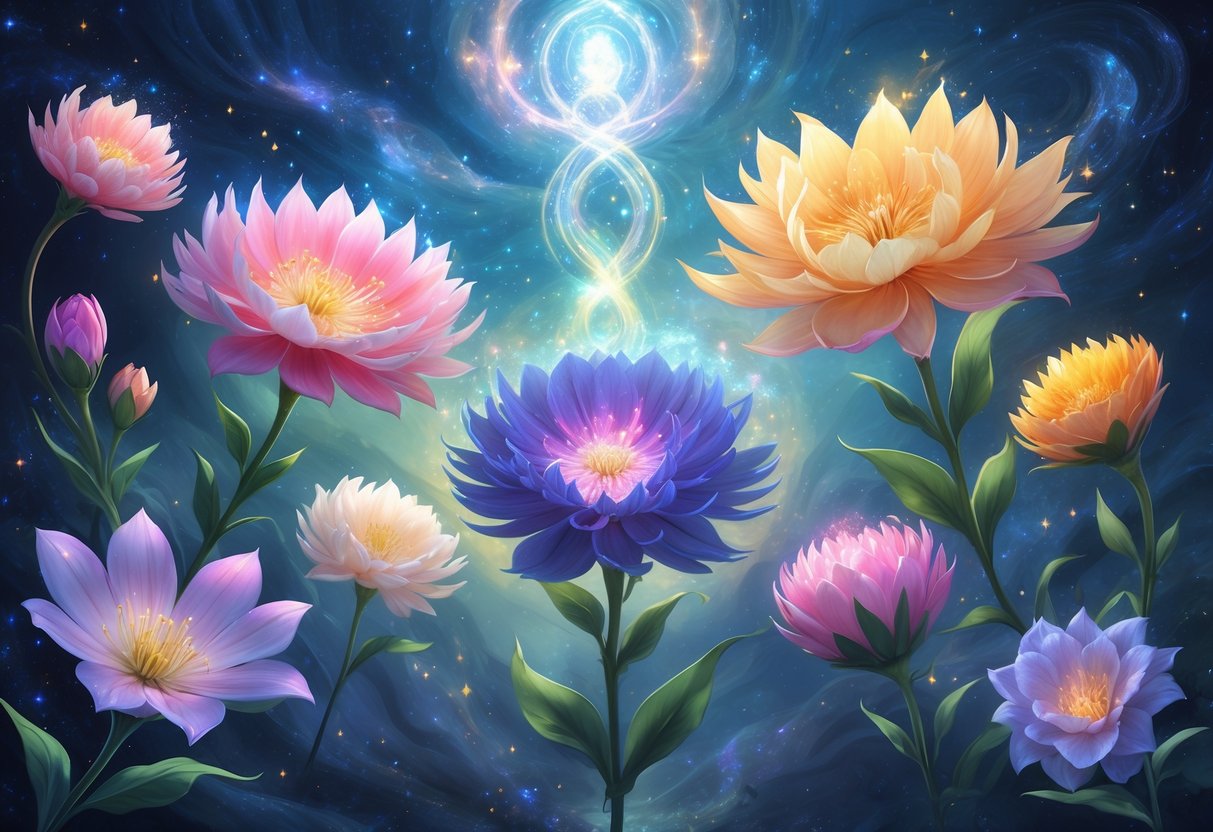 A group of glowing Bouvardia flowers blooming under a starry sky with soft mist and shimmering light around them.