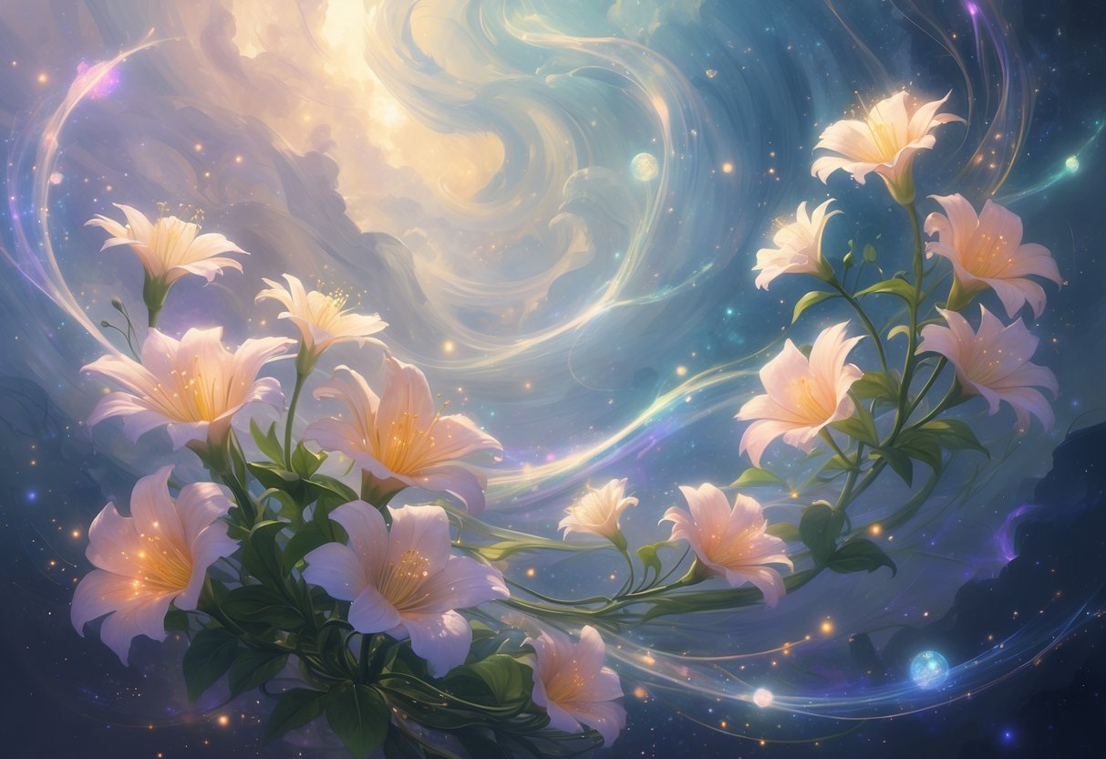 A glowing cluster of Bouvardia flowers surrounded by soft light and mist, set against a cosmic background with floating orbs of light.
