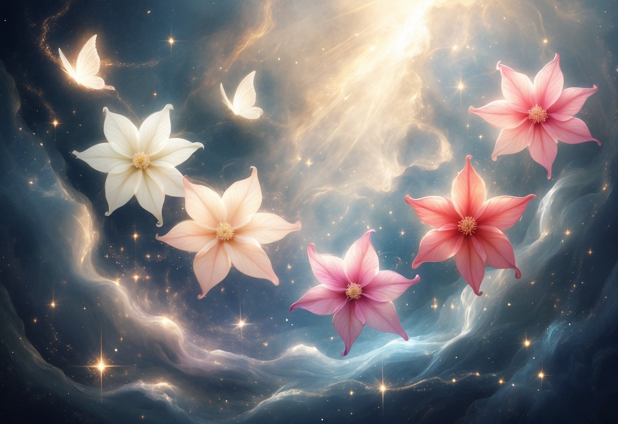 Six glowing Bouvardia flowers floating in a misty, star-filled sky surrounded by soft beams of light and spiritual energy.