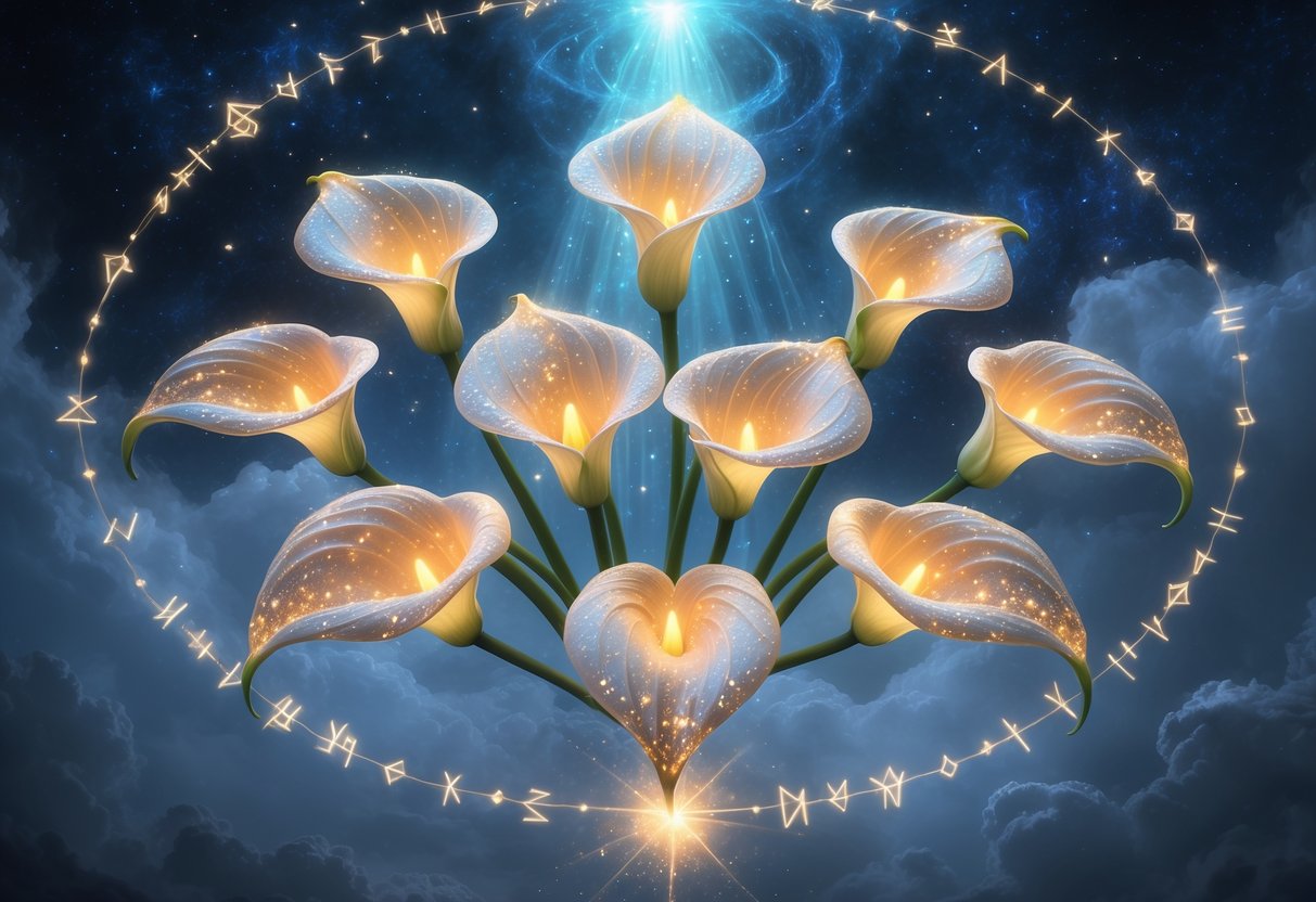 Nine glowing Calla Lily flowers arranged in a circle above a misty landscape with stars and nebulae in the background.