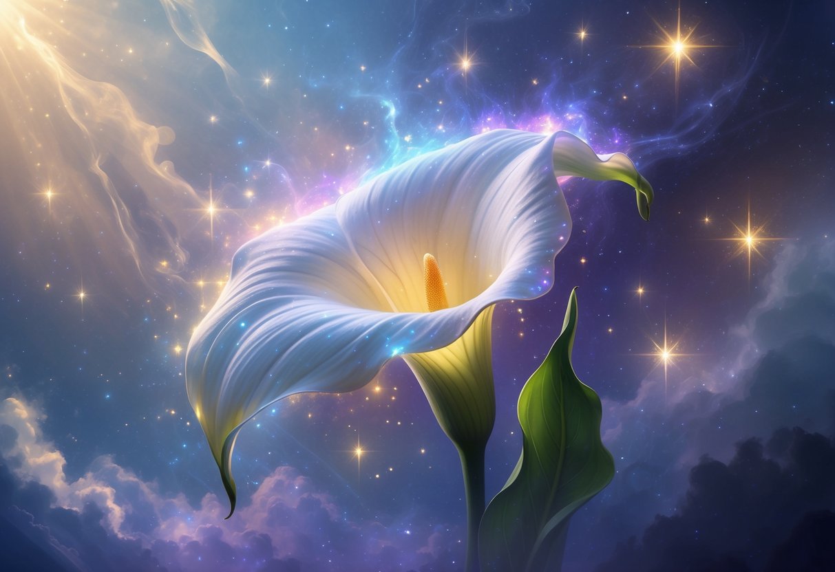 A glowing calla lily flower surrounded by soft light and floating stars against a cosmic background.