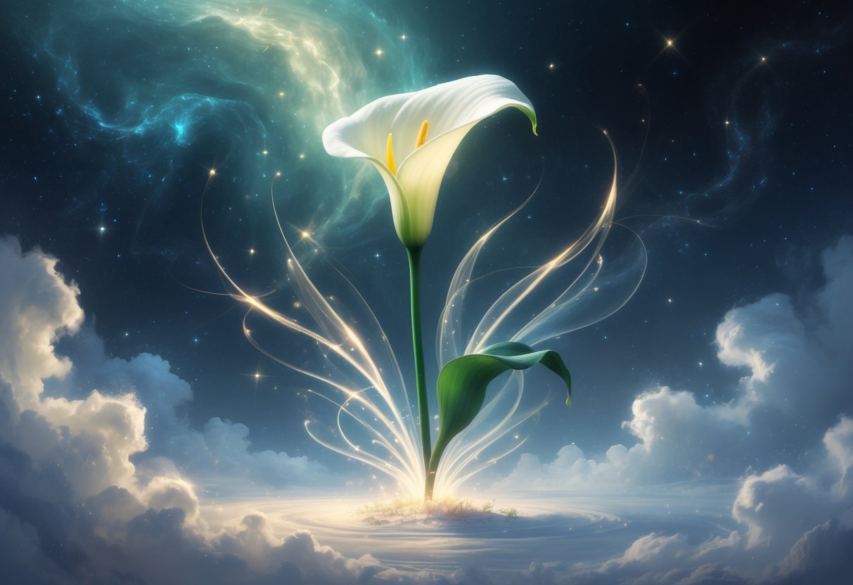 A glowing white calla lily flower standing tall with radiant light and mist around it against a starry, celestial background.