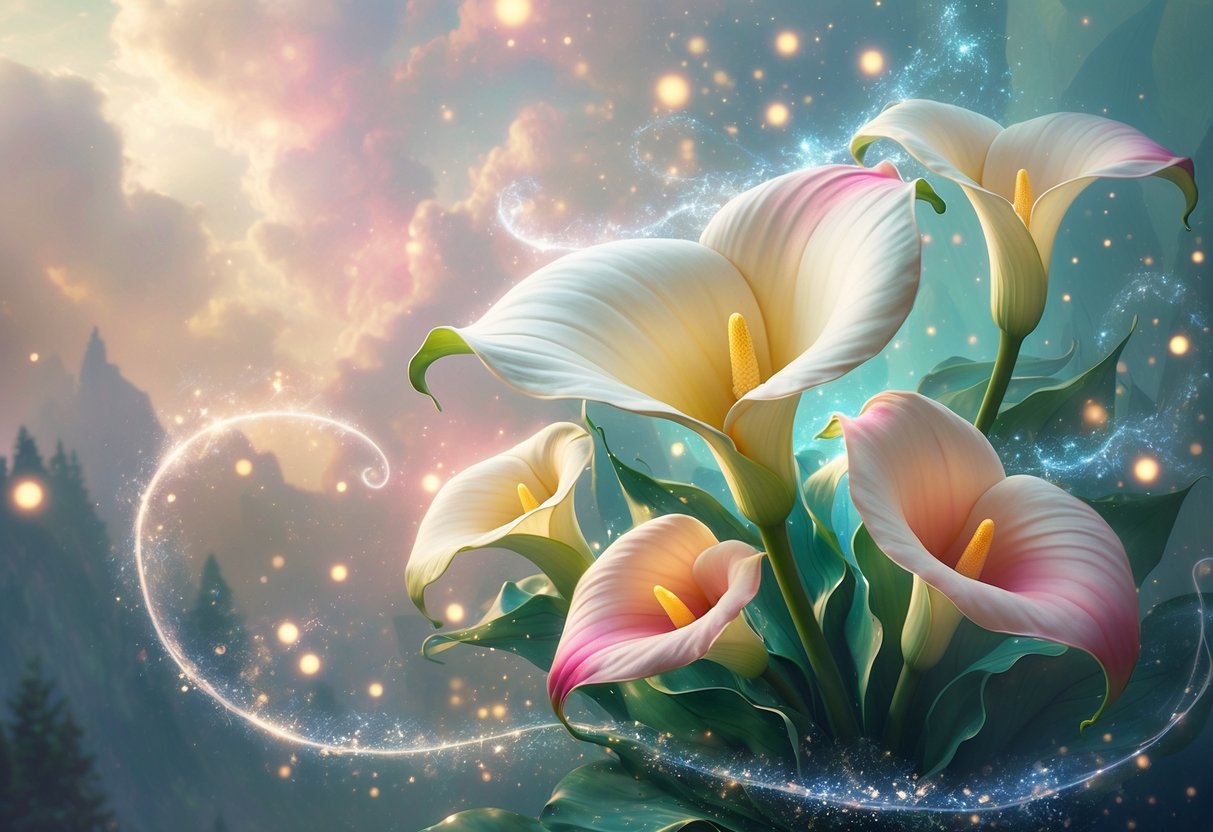 A glowing Calla Lily flower surrounded by soft light and mist in a magical garden setting.