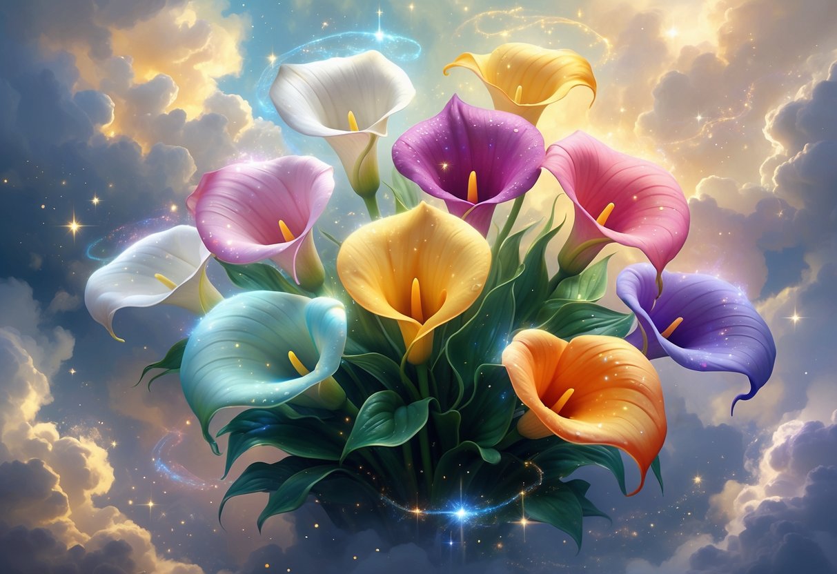 A glowing collection of colorful Calla Lily flowers floating in a dreamy garden among clouds and stars.