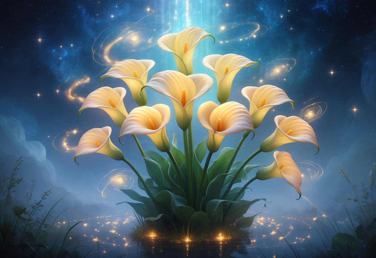 A cluster of nine glowing calla lily flowers surrounded by mist and soft light under a starry sky.