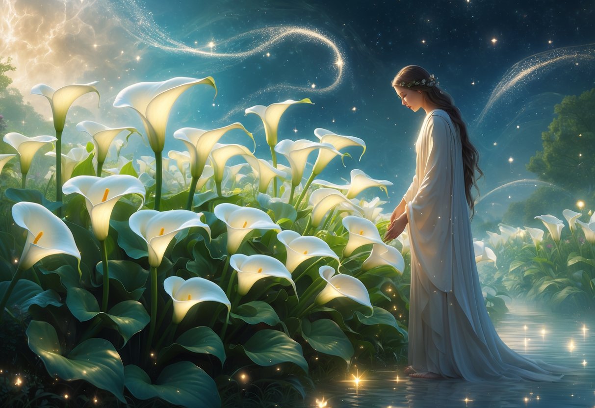 A person tending glowing white calla lilies in a peaceful garden under a starry sky.
