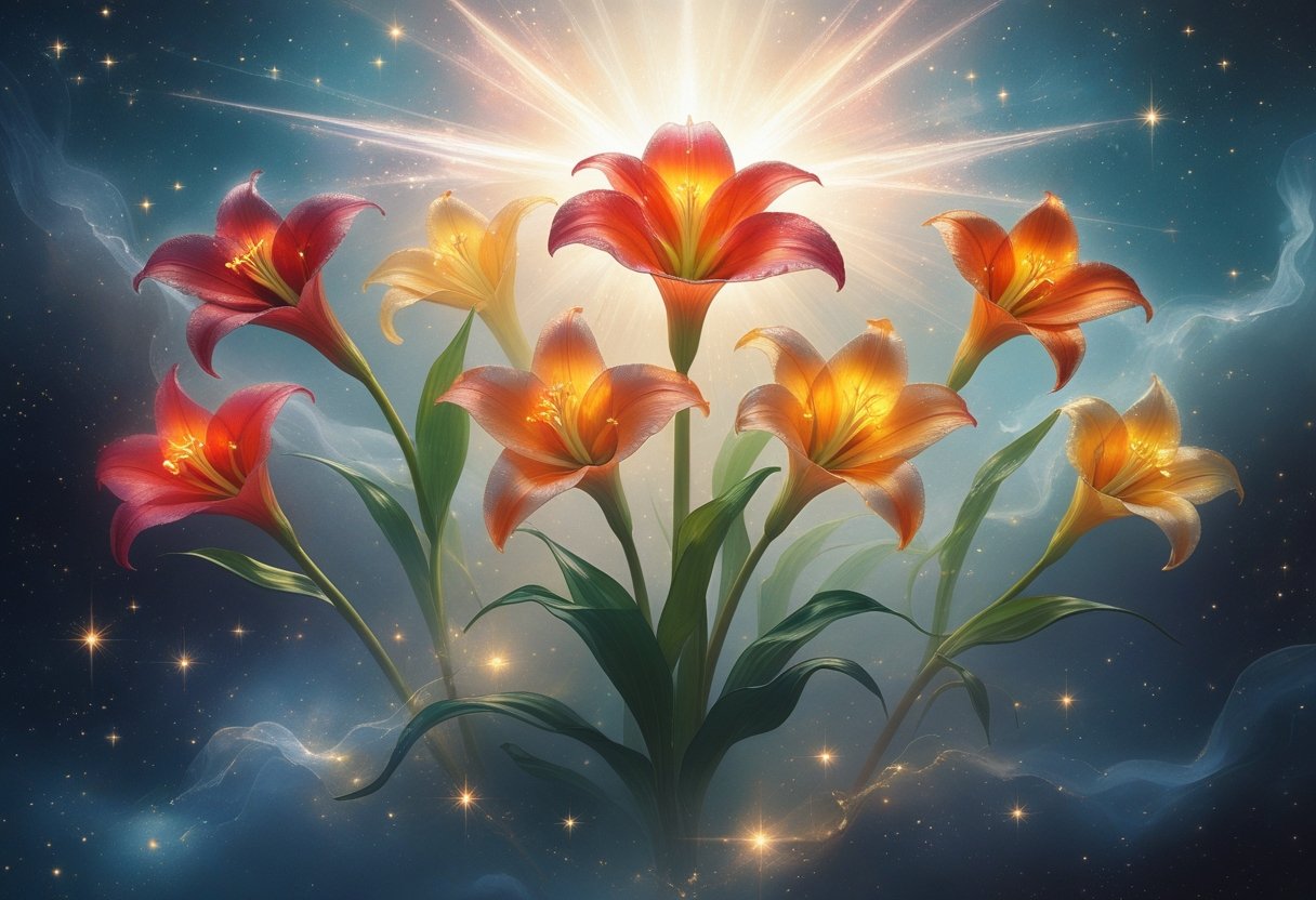Seven glowing Canna Lily flowers floating against a starry cosmic background with soft light and mist surrounding them.