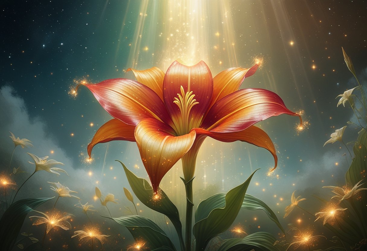 A glowing Canna Lily flower blooming in a celestial garden with sparkling leaves and a starry sky background.