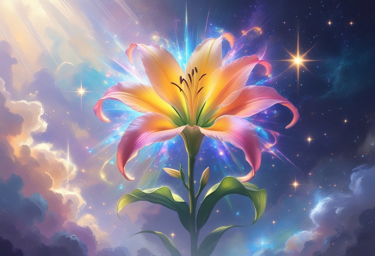 A glowing Canna Lily flower with vibrant colors surrounded by soft light and cosmic elements in a dreamy setting.
