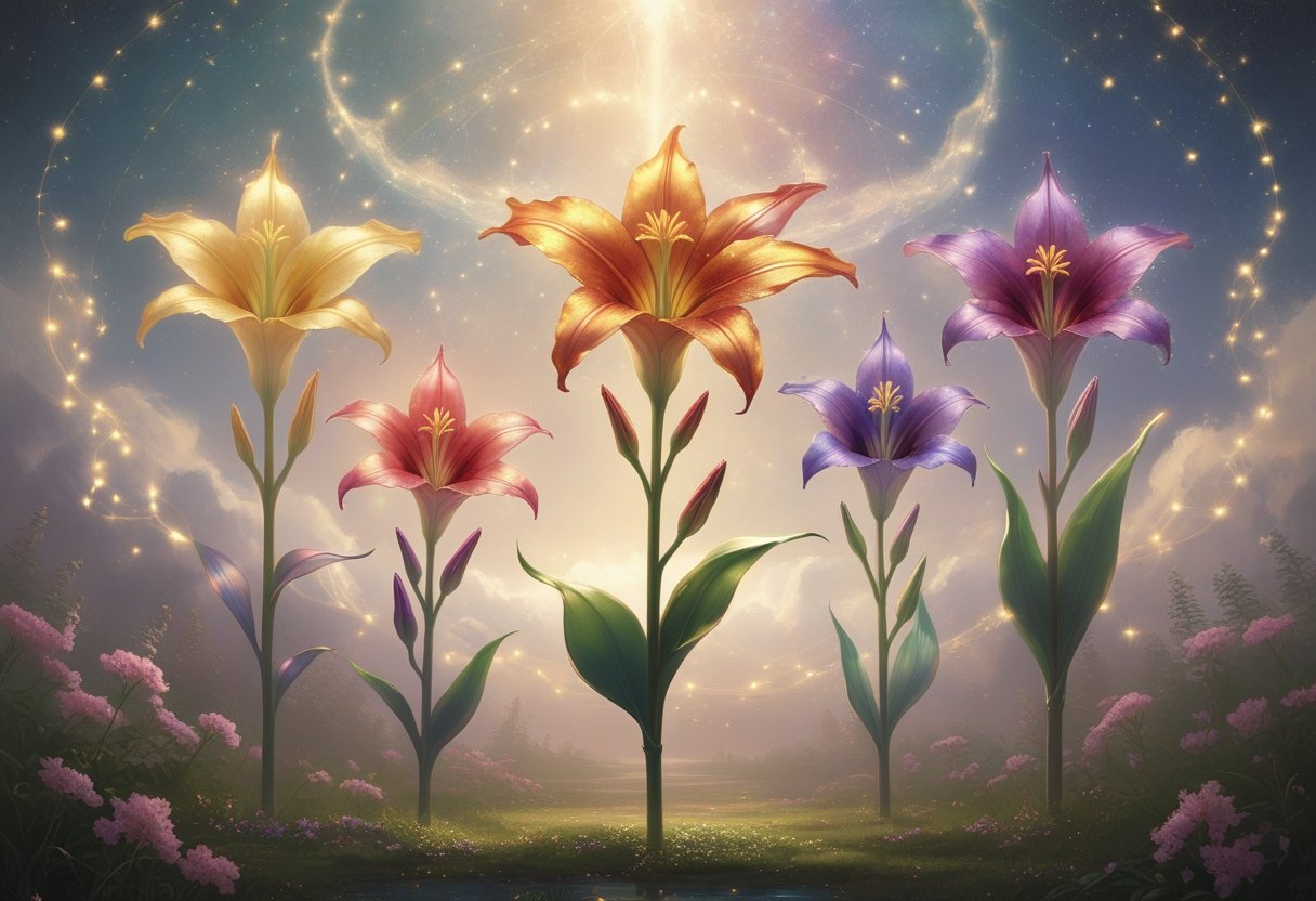 Seven glowing Canna Lily flowers in a celestial garden under a starry sky, surrounded by soft light and mystical symbols.