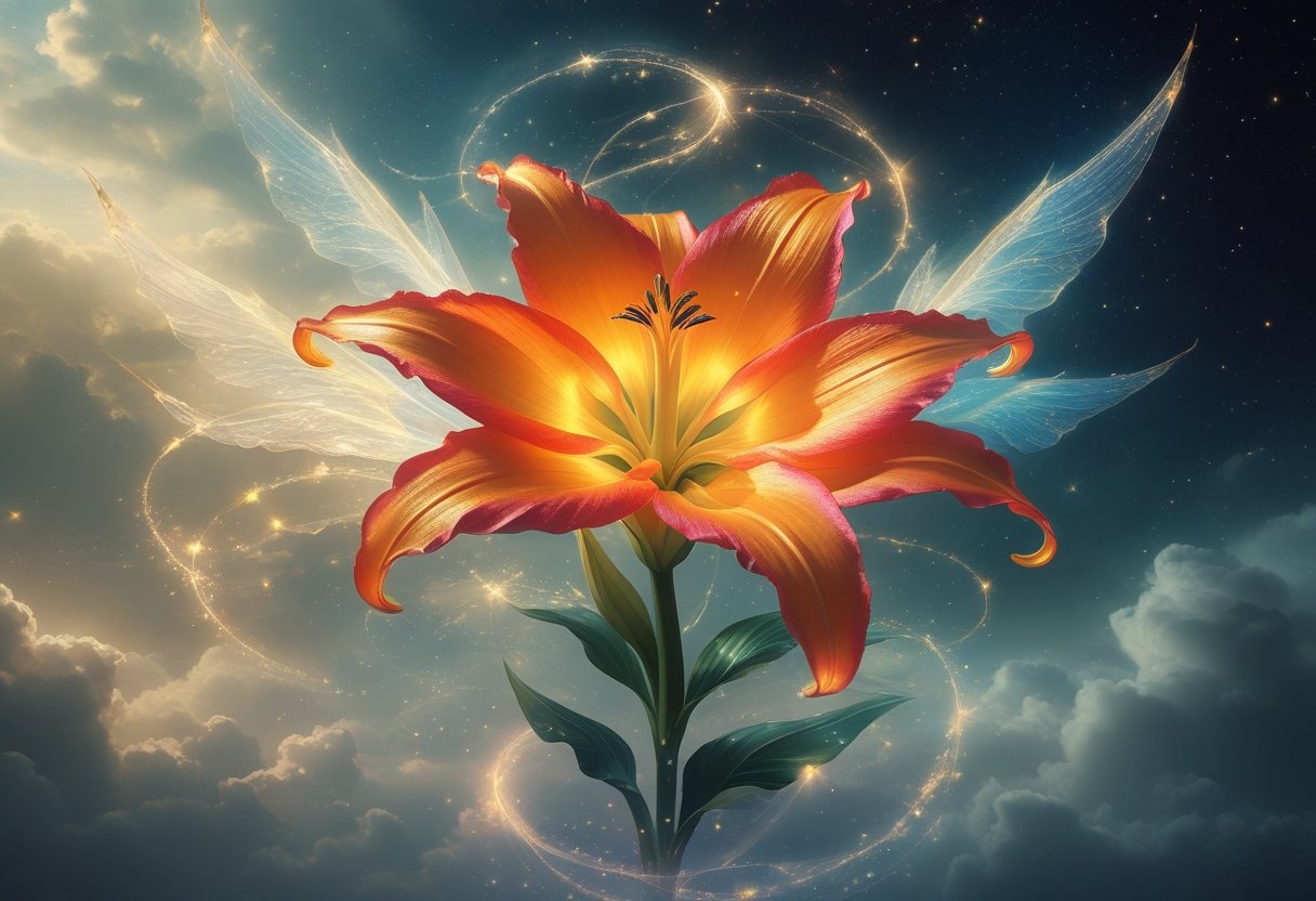 A glowing Canna Lily flower with radiant orange and gold petals surrounded by swirling light and mist against a starry night sky.