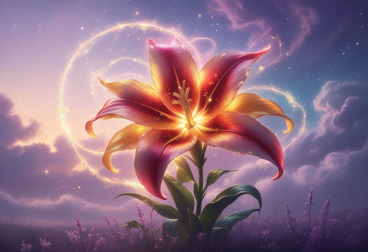 A glowing Canna Lily flower with radiant petals surrounded by soft magical light in a twilight sky filled with stars and clouds.