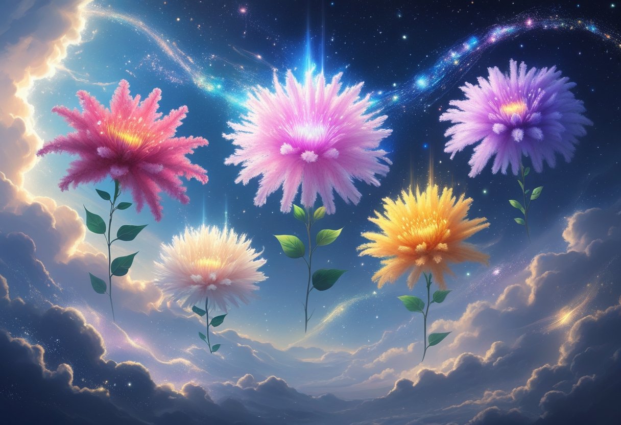 Five glowing Celosia flowers floating in a starry sky, each radiating a unique spiritual energy with soft light and mist around them.