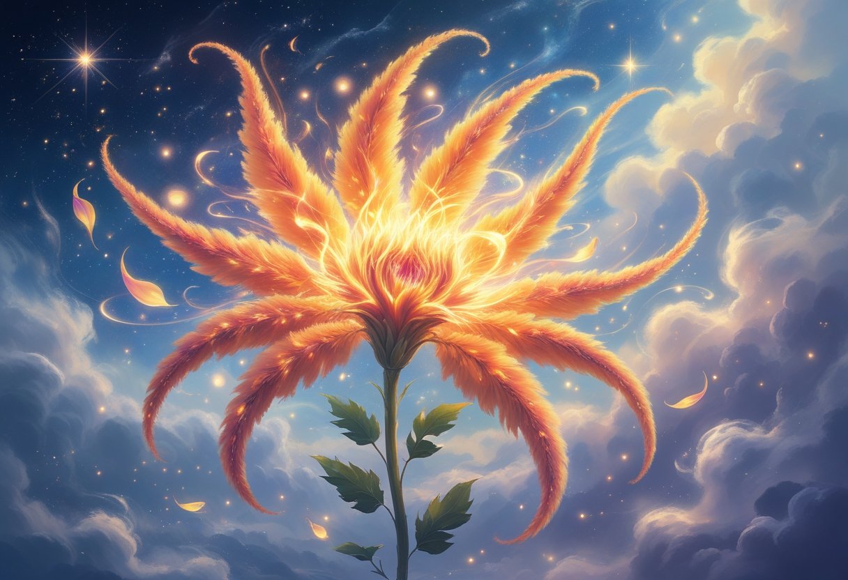 A glowing Celosia flower with vibrant plumes surrounded by floating petals and soft glowing lights against a starry, misty sky.
