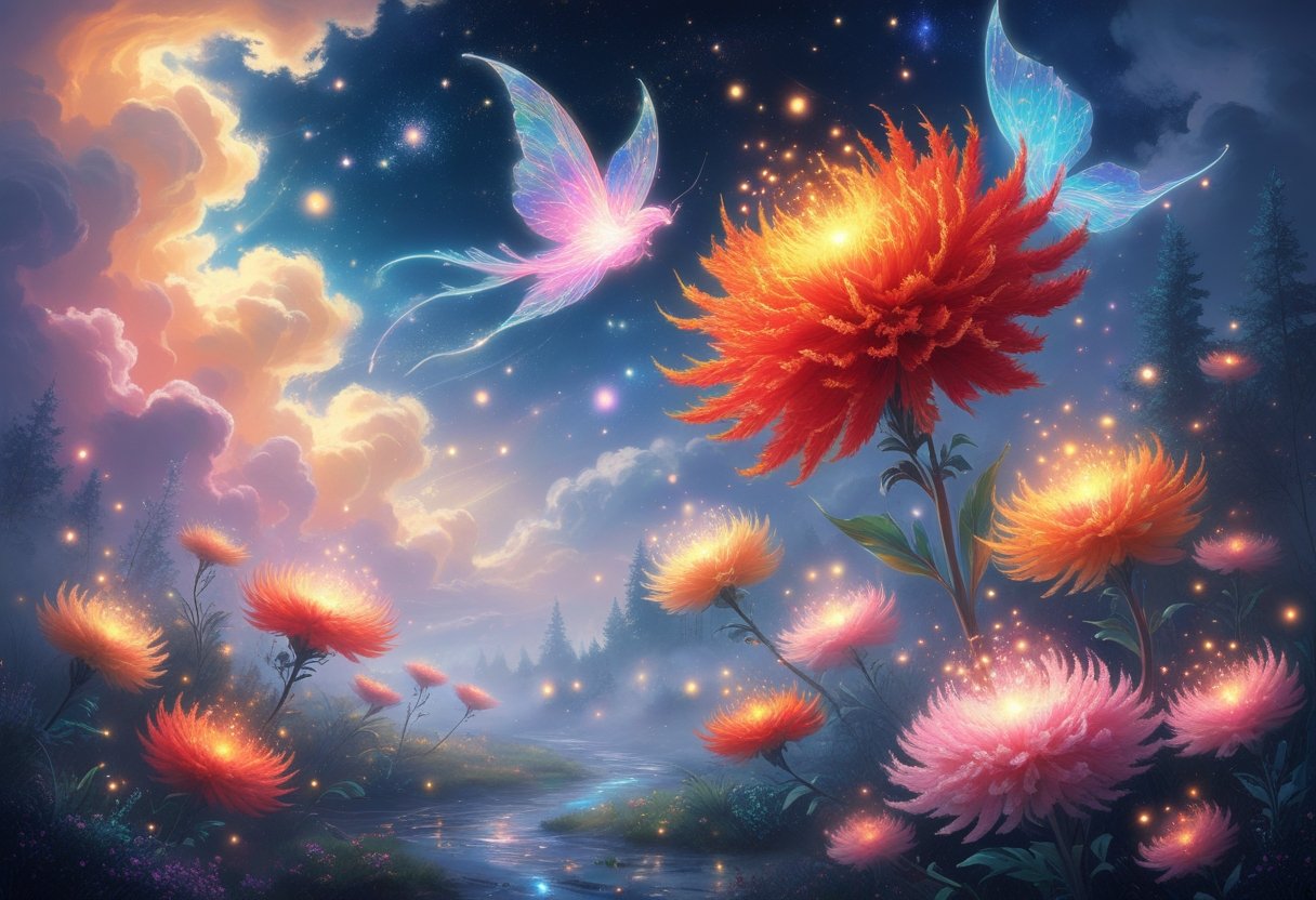 A glowing cluster of colorful Celosia flowers floating above a misty forest floor under a starry twilight sky, surrounded by soft glowing lights.