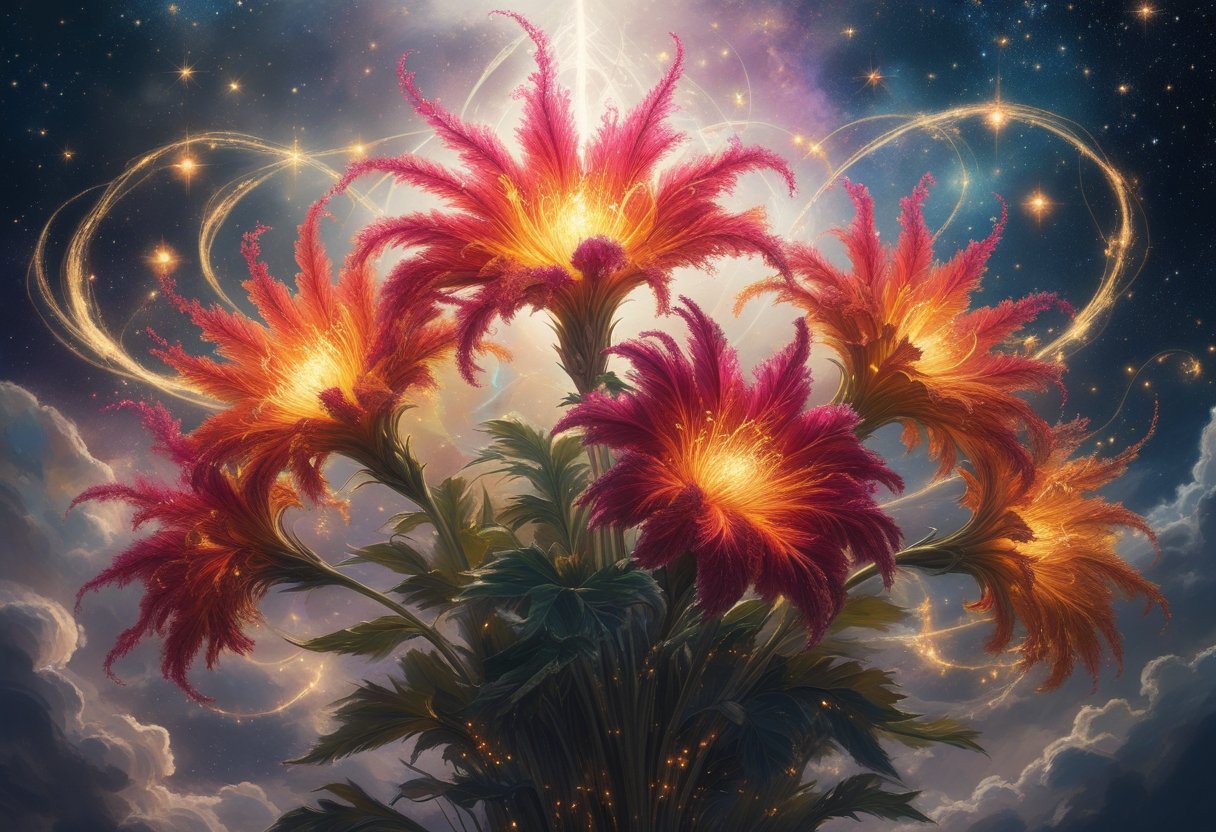 A glowing cluster of celosia flowers surrounded by shimmering light and celestial symbols against a starry cosmic background.