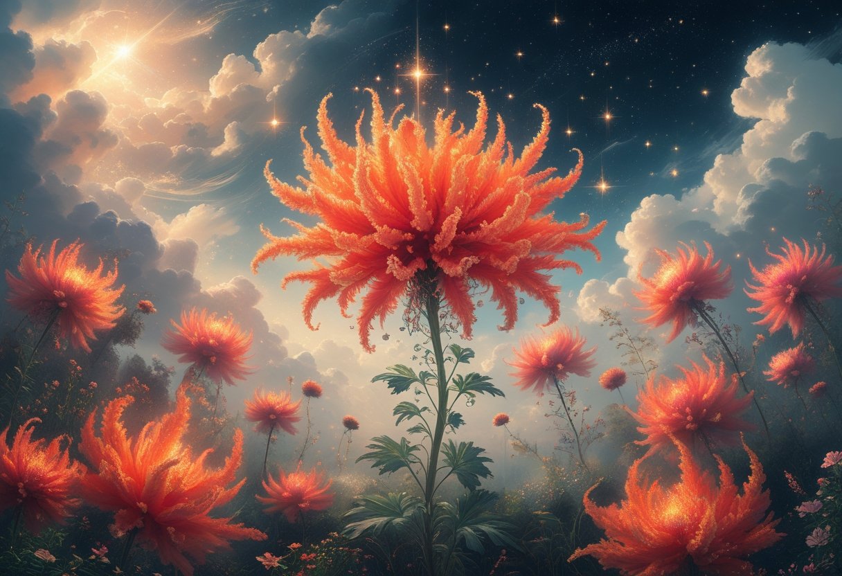 A glowing Celosia flower with vibrant petals in a magical garden under a starry sky, surrounded by soft light and mystical botanical elements.