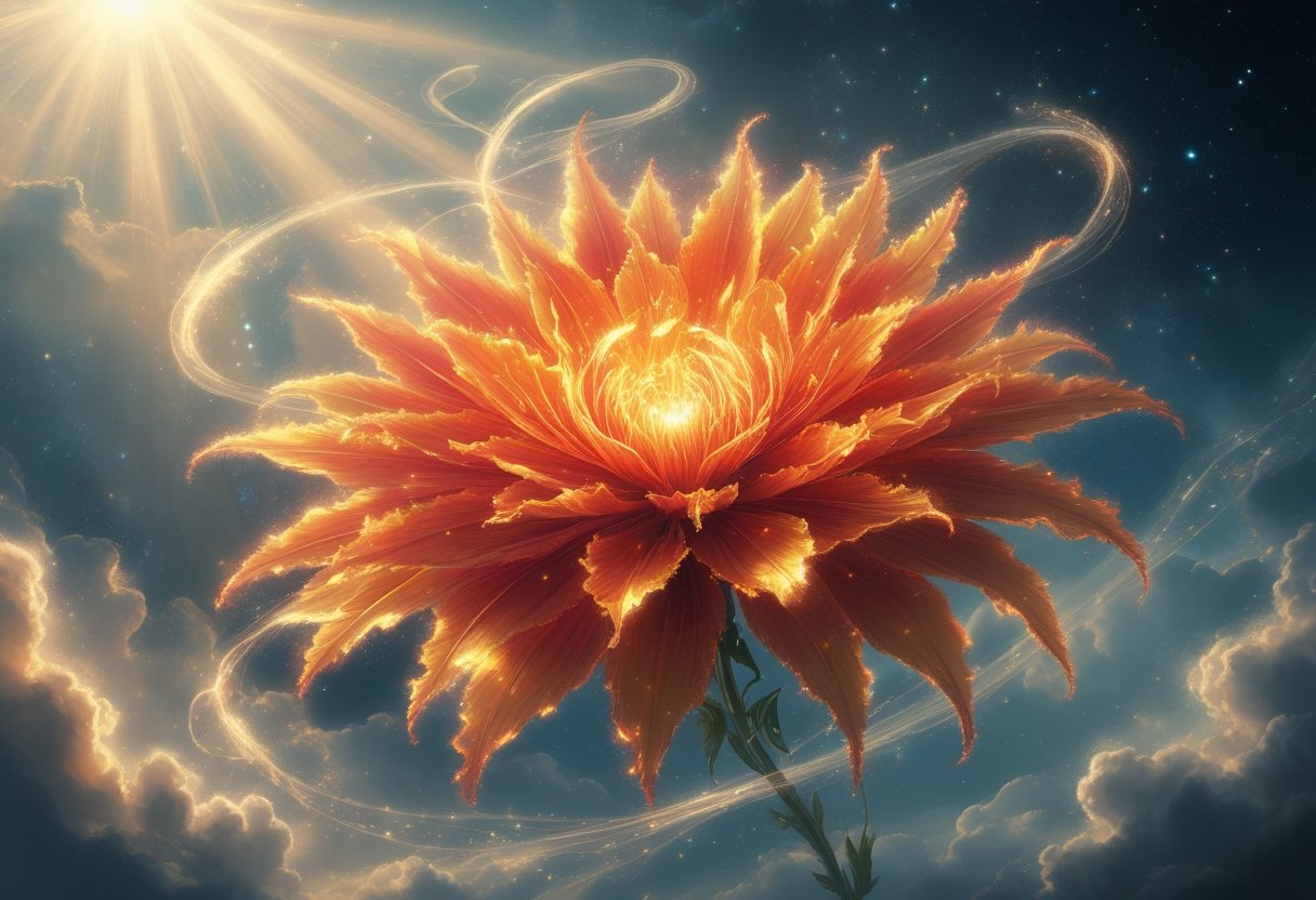 A glowing Celosia flower with fiery petals floating against a starry cosmic sky, surrounded by soft mist and radiant light.