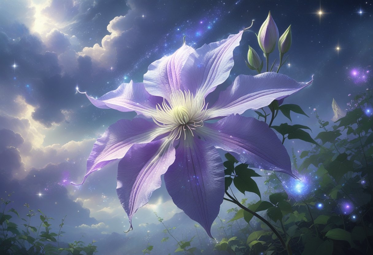 A glowing clematis flower with violet and blue petals blooming in a cosmic garden under a starry sky, surrounded by soft magical light and sparkling stars.