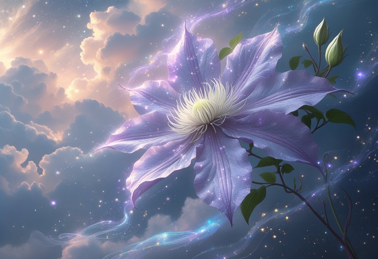 A glowing clematis flower surrounded by mist and magical light against a starry sky.