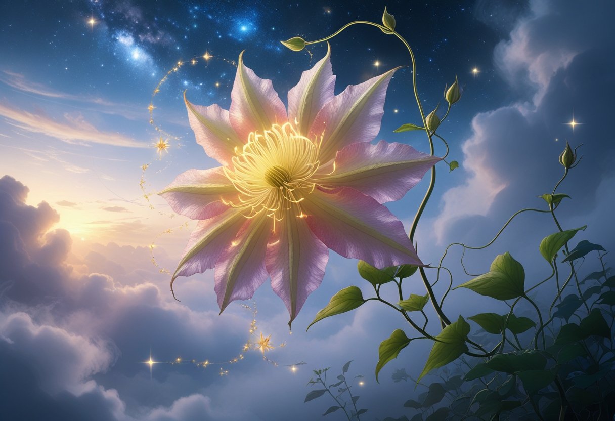 A glowing clematis flower surrounded by mist and stars against a twilight sky with nebulae and galaxies.