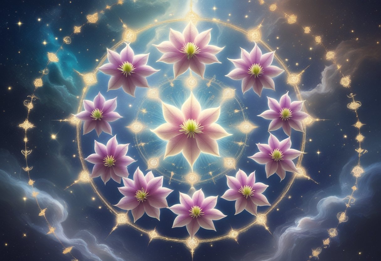 Eight glowing Clematis flowers arranged in a circle, floating in a cosmic sky with stars and mist.