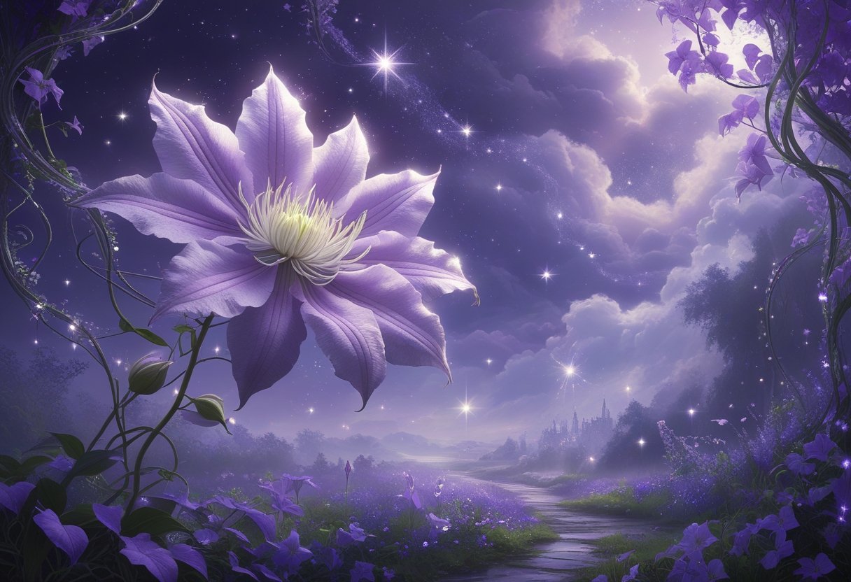 A glowing clematis flower floating in a mystical garden under a twilight sky, surrounded by vines and stars.
