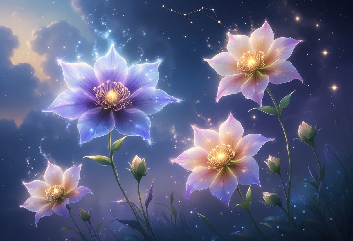 A cluster of glowing columbine flowers with translucent petals in blues and purples, set against a starry twilight sky with soft mist and faint spiritual symbols in the background.