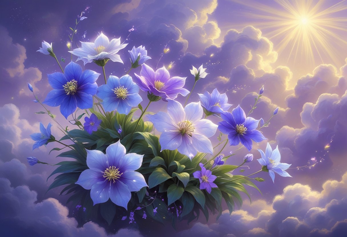 A glowing garden of columbine flowers floating among clouds with soft light and mystical symbols surrounding them.