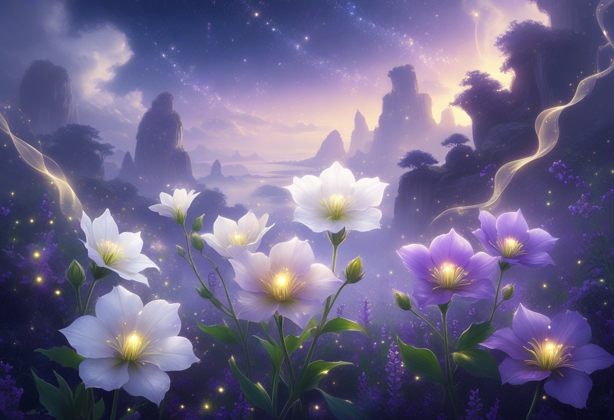 A glowing cluster of white and purple columbine flowers surrounded by soft mist and light particles under a starry sky with floating islands in the background.