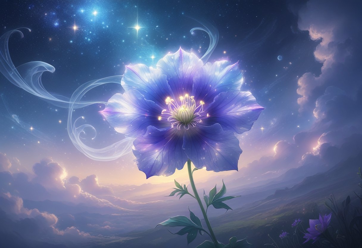 A glowing columbine flower surrounded by mystical figures and swirling mist under a starry sky.