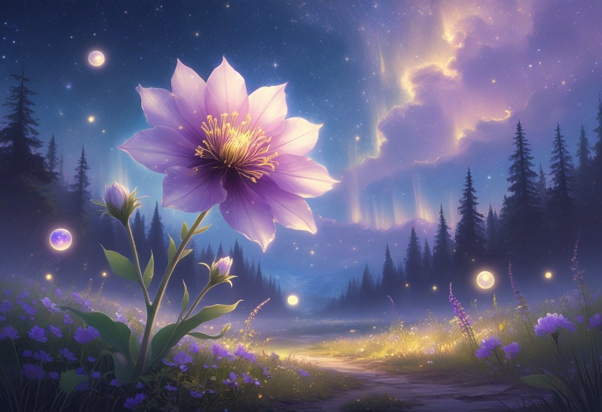 A glowing columbine flower in a magical forest clearing under a starry sky with soft light orbs surrounding it.