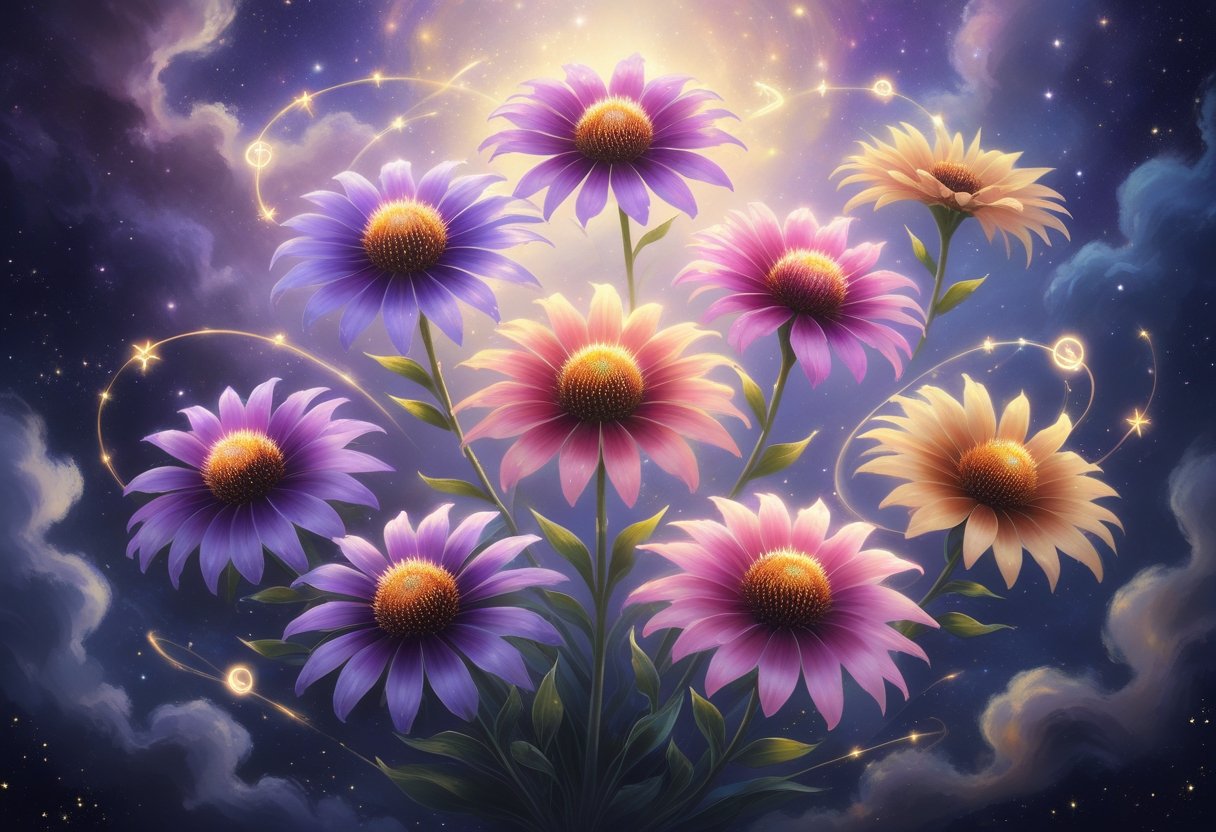 Nine glowing Coneflower flowers floating against a starry cosmic background with soft mist and light surrounding them.