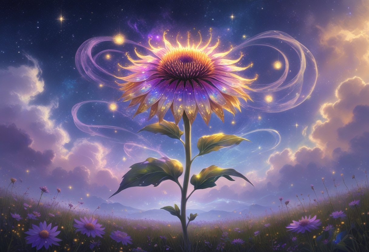 A glowing coneflower in a mystical meadow under a starry sky, surrounded by floating lights and spiritual energy.