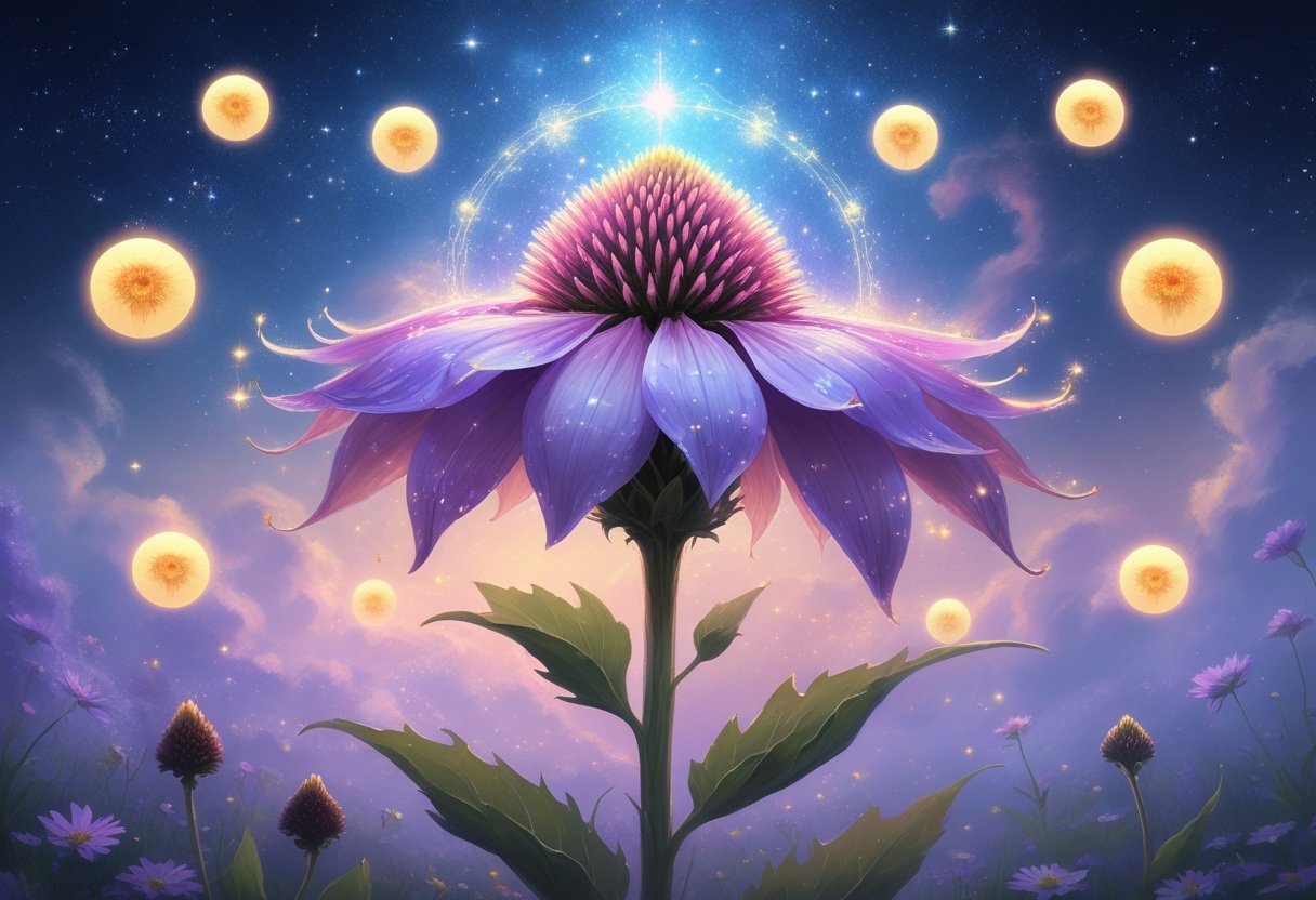A glowing coneflower surrounded by nine luminous orbs in a celestial garden under a starry sky.