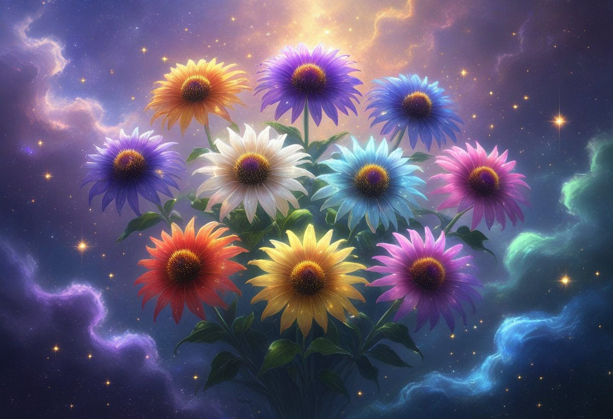 A cluster of nine glowing coneflowers in different colors floating against a starry cosmic sky.