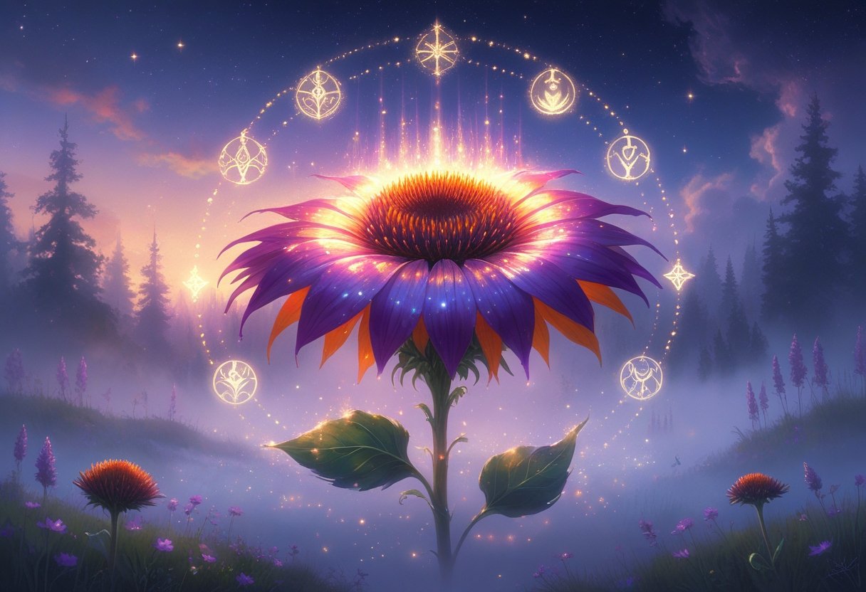 A glowing coneflower surrounded by mystical symbols and a twilight sky with stars and mist, blending Native American and European cultural elements.