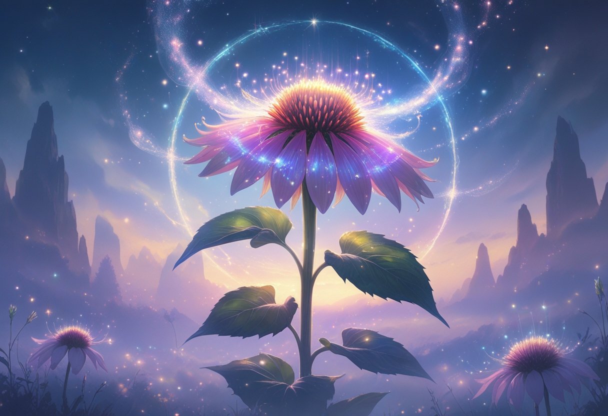 A glowing coneflower surrounded by floating lights in a mystical landscape with soft mist and faint spiritual symbols in the background.