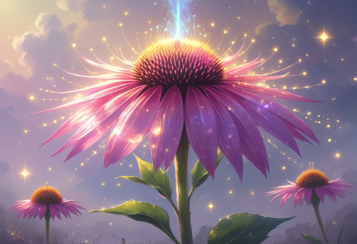 A glowing coneflower with pink-purple petals and a radiant central cone surrounded by soft light and floating sparkles against a misty, starry sky.