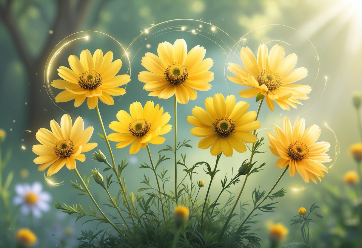 Seven bright yellow Coreopsis flowers arranged together with soft greenery and sunlight in the background.