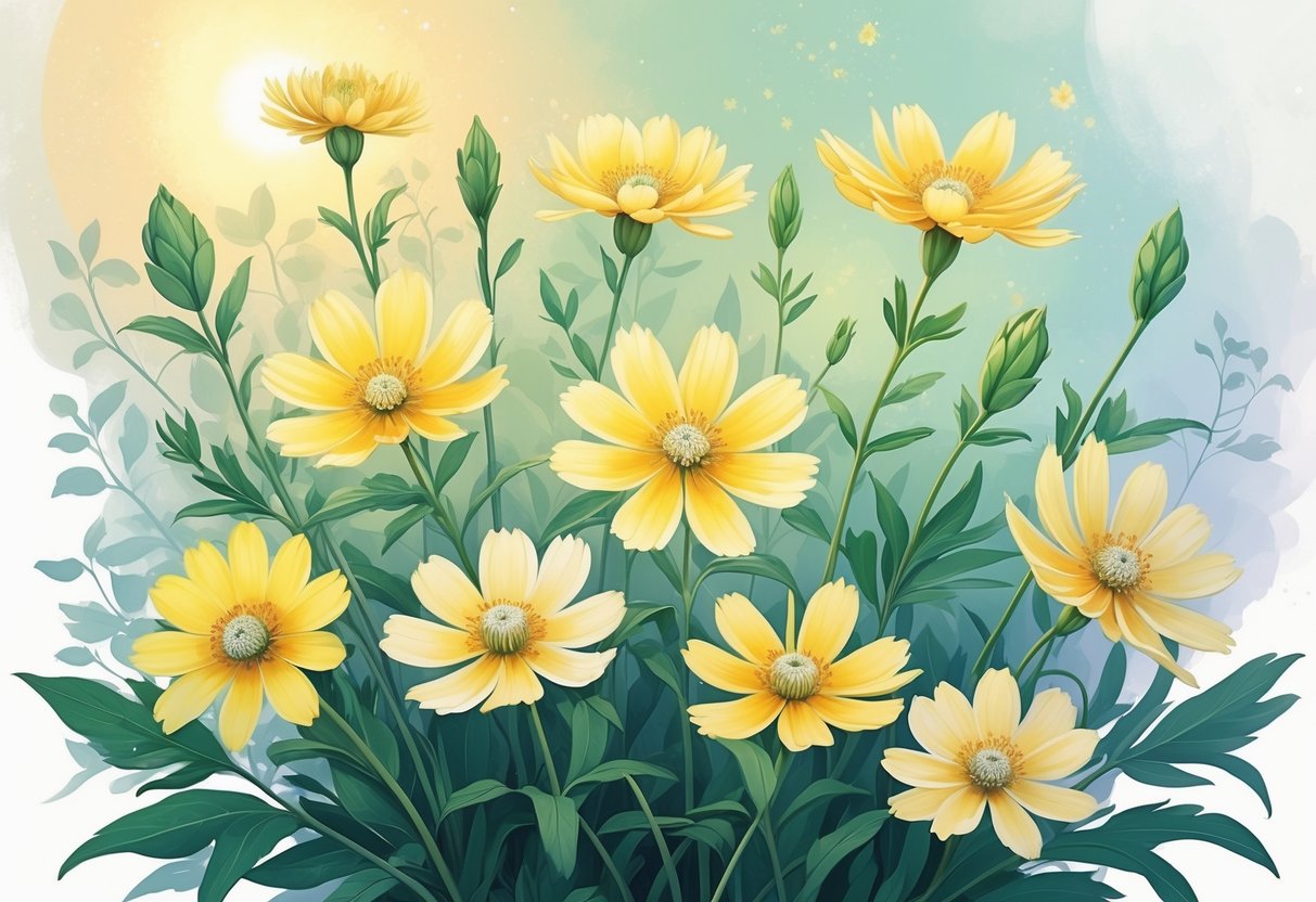 Seven vibrant yellow Coreopsis flowers with green leaves and stems arranged together, showing detailed petals and centers.