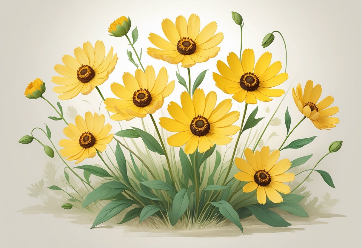 Seven bright yellow Coreopsis flowers with brown centers surrounded by green leaves on a soft neutral background.